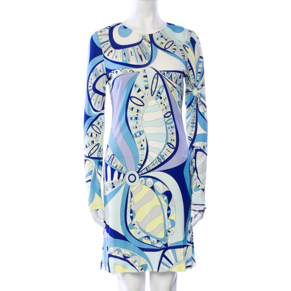 Emilio Pucci Blue Multi-Color Long Sleeve Printed Dress